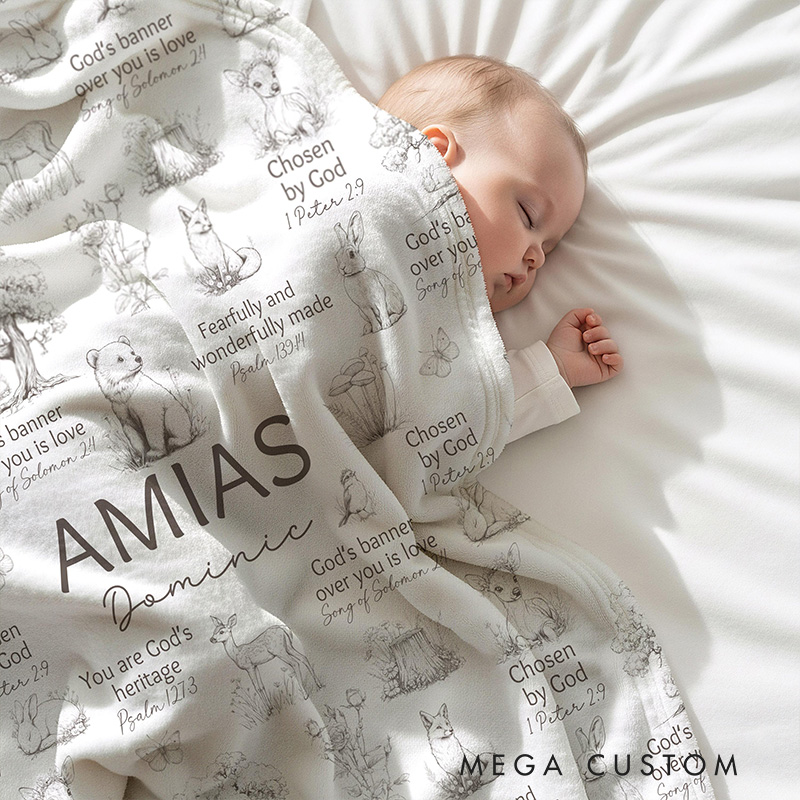 Personalized Woodland Animals Bible Verse Soft Throw Blanket with Custom Name Baby Shower Nursery Prayer Baby Gift Religious Gift for Kids