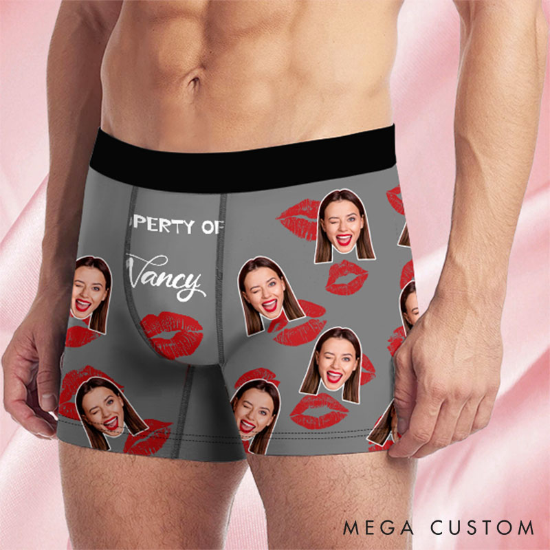 Personalized Girlfriend Wife Face Boxer Brief Red Lips Print Property of Her Men Underwear with Photo Valentines Day Gift for Boyfriend Husband