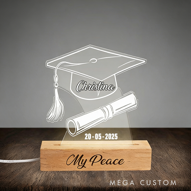 Personalized Graduation Gifts Custom Name and Year Acrylic Night Light Beech Wood LED Lamp for Students Graduation Decor