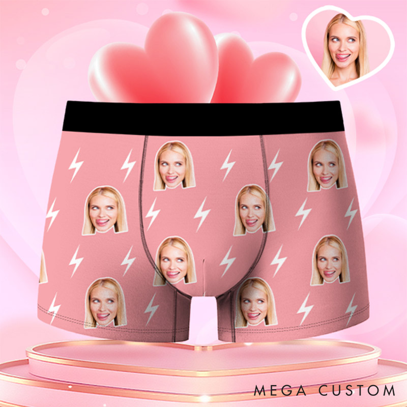Personalized Girlfriend Wife Face Boxer Brief Lightning Print Men Underwear with Woman Face Photo Portrait Valentines Day Gift for Boyfriend Husband