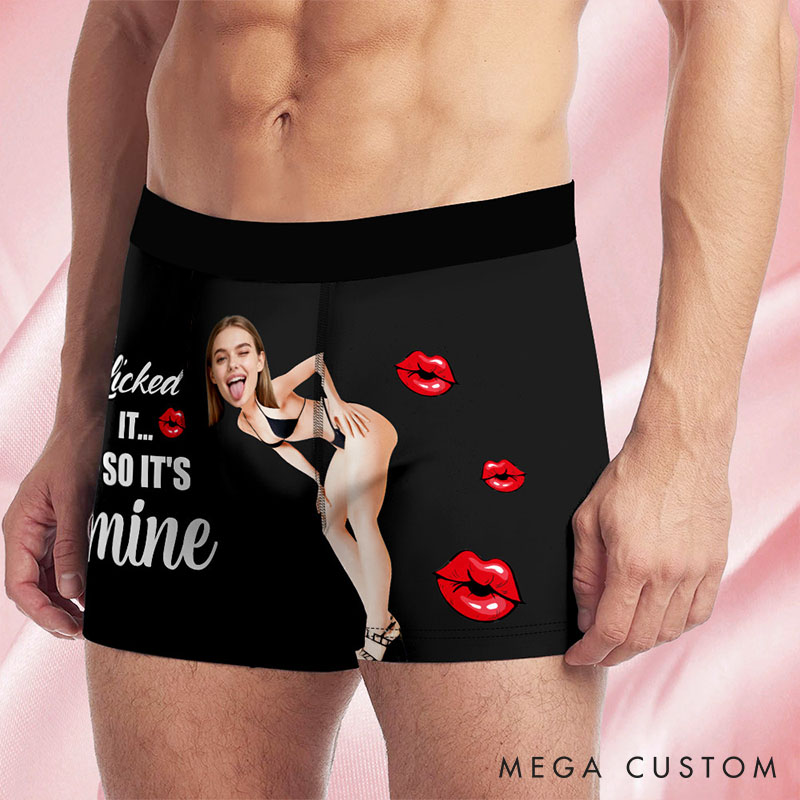 Personalized Girlfriend Wife Face Boxer Brief I Licked It So It's Mine Men Underwear with Woman Face Portrait Valentines Day Gift for Boyfriend Husband