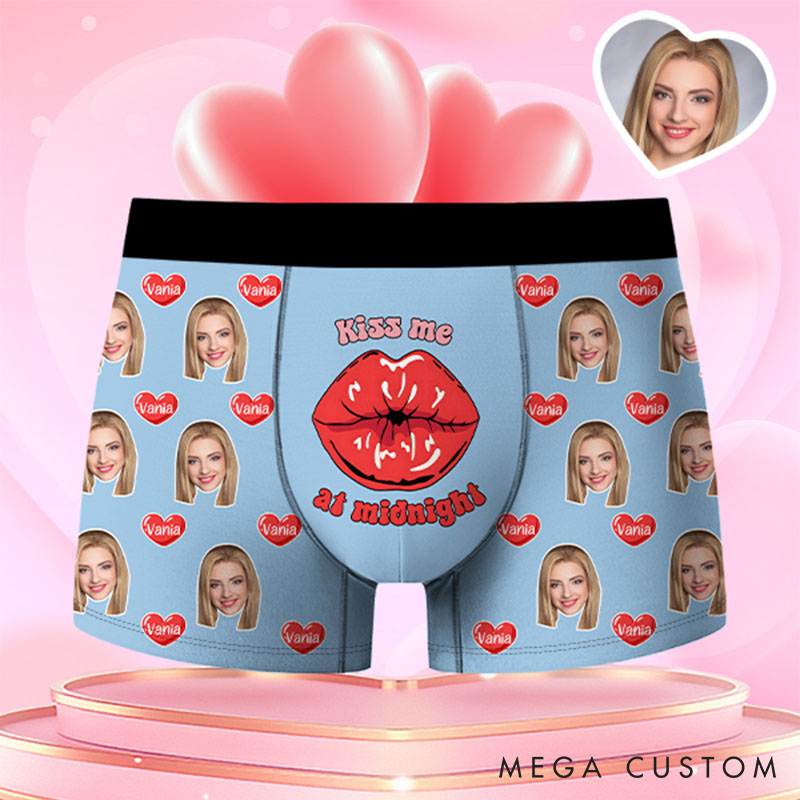 Personalized Girlfriend Wife Face Boxer Brief Kiss Me at Midnight Men Underwear with Woman Face Portrait Valentines Day Gift for Boyfriend Husband