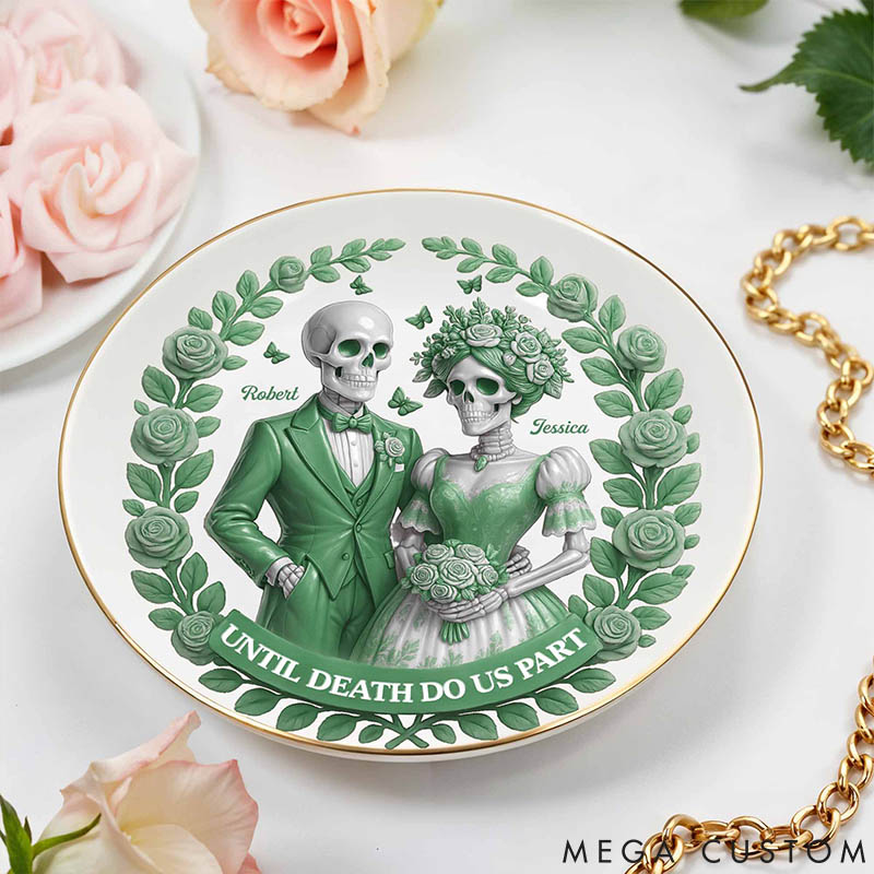 Personalized Skeleton Couple Until Death Do Us Part Round Shaped Ring Dish Skeleton Bride and Groom Ceramic Ring Dish Valentines Day Gift for Newlyweds