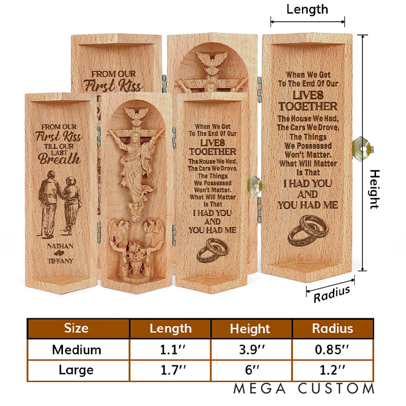 Personalized From Our First Kiss Till Our Last Breath Openable Wooden Cylinder Sculpture of Jesus Christ with Names Religious Gift for Couple