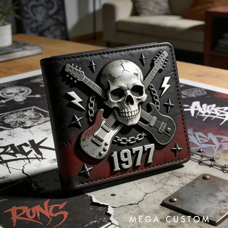 Personalized punk rock guitar and skull themed Leather Wallet Custom with Name Mens Wallet Gift For Him Husband Boyfriend Father Son Grandson