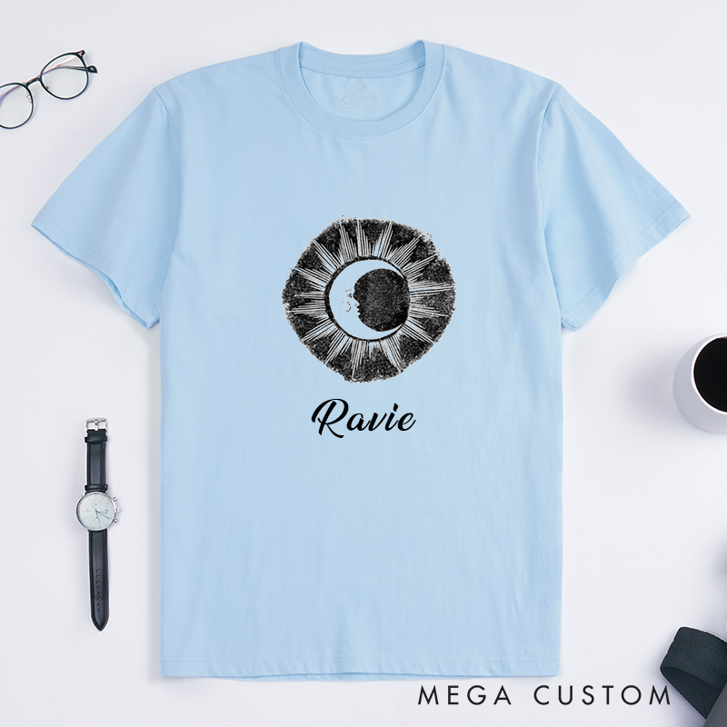 Personalized Celestial Sun and Moon Vintage Classic T-Shirts Custom Name Unique Cosmic Gift for Men and Women Spiritual Astronomy Lovers Birthday Present