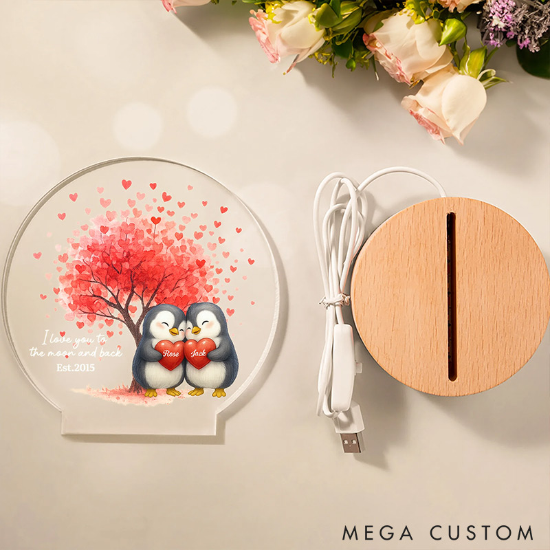 Personalized Penguin Design Couple Night Light Custom Names Year Lamp Valentine's Day Gift for Couple Anniversary Gift for Him Her