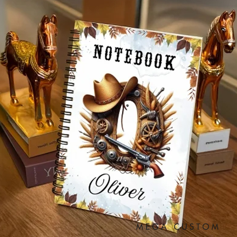 Personalized Initial Name Western Style Spiral Notebook Softcover Lined Notebook Country Rustic Journal Gift for Cowboys Riding Lovers Equestrian Lovers