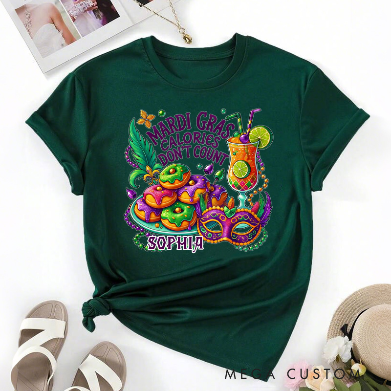 Personalized Mardi Gras Calories Don't Count Classic T-shirts Donut Shirt with Name Mardi Mask Bead Shirt Gift for Women Her