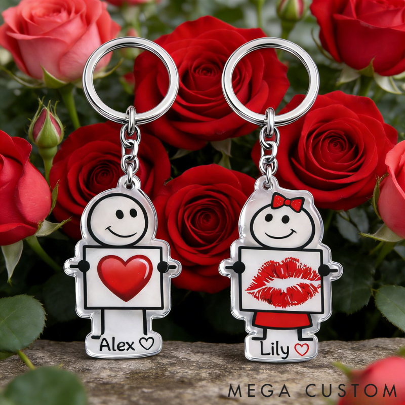 Personalized Minimalist Stick Figures Couple Keychain Custom Names Expressing Love Symbolic Holiday Gift for Couples