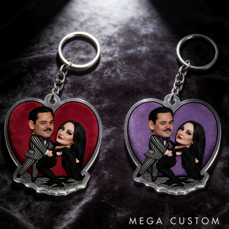 Personalized Gothic Cartoon Hearts Background Keychain Custom Photo Playfully Dark Holiday Gift