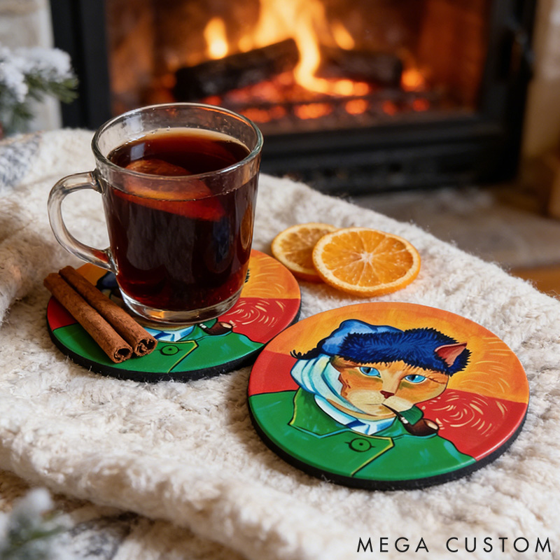 Personalized Cat Lover Whimsical Cat Illustration Decorative Coasters Gift For Pet Lover For Cat Lover Coasters