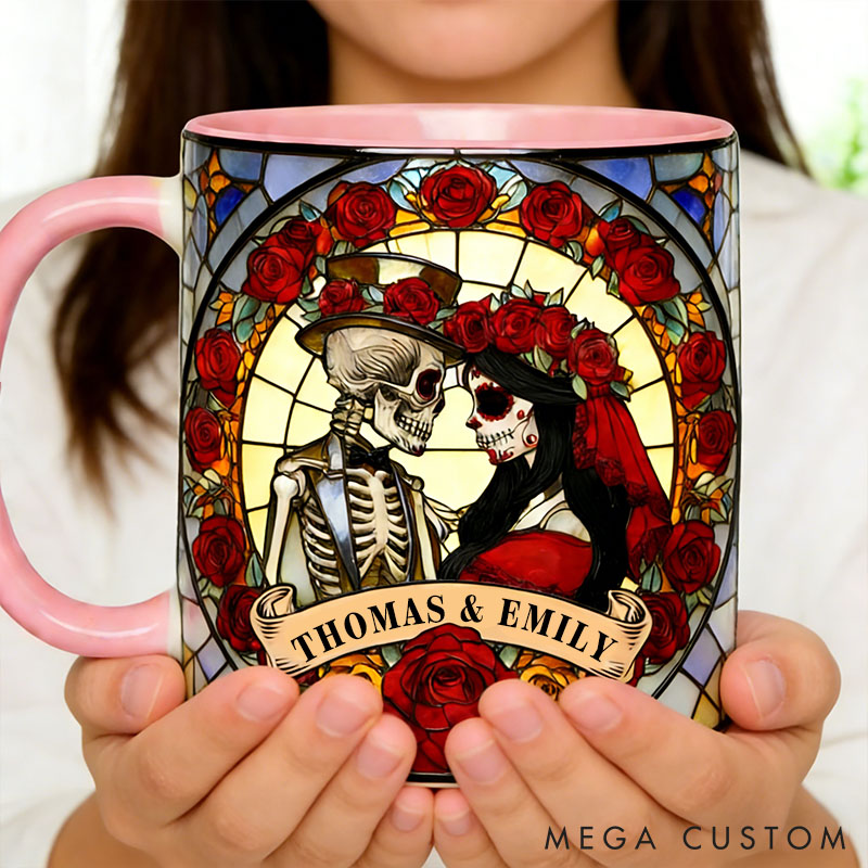 Personalized Skeleton Couple Mug 3D Effect Stained Glass Design Graphic Mug Couple Skeleton Coffee Cup for Husband Wife Boyfriend Girlfriend