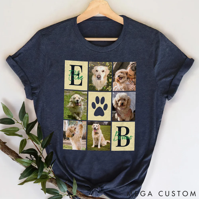 Personalized Pet Lover Paw Print Pet Photos with Names and Initials Birthday Gift for Pet Lovers Owners T-Shirt