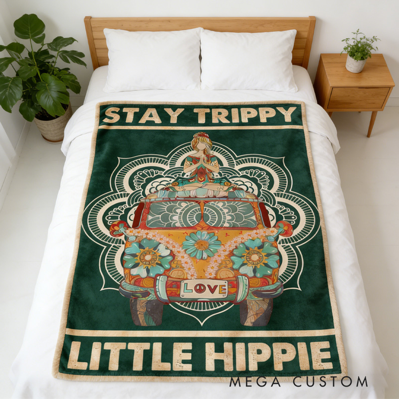 Personalized Stay Trippy Little Hippie Blanket Retro Van Mandala Boho Decor for Yoga Lovers