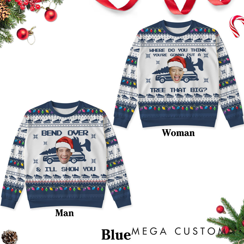 Personalized Funny Couple Bend Over and I'll Show You Christmas Ugly Sweater Custom Couple Face Photo Xmas Matching Crewneck Sweater for Husband Wife