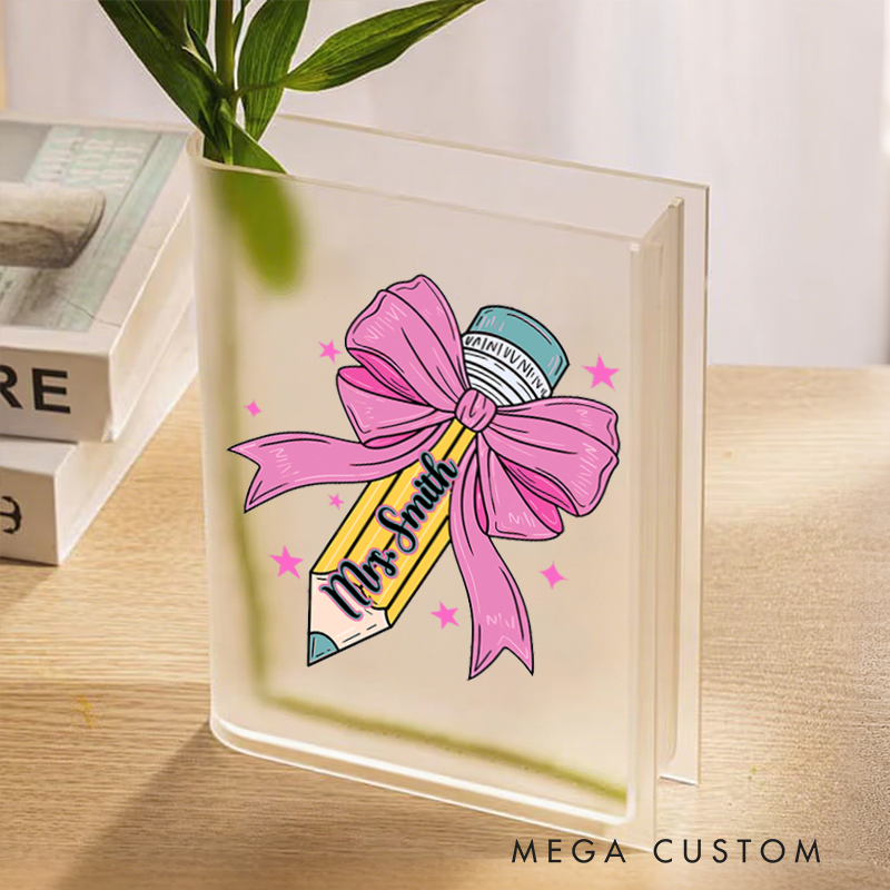 Personalized Book Vase for Teacher Cute Bow Pencil Design Desk Decor Teacher Appreciation Gift