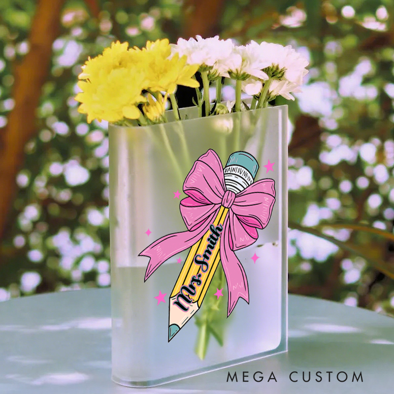 Personalized Book Vase for Teacher Cute Bow Pencil Design Desk Decor Teacher Appreciation Gift