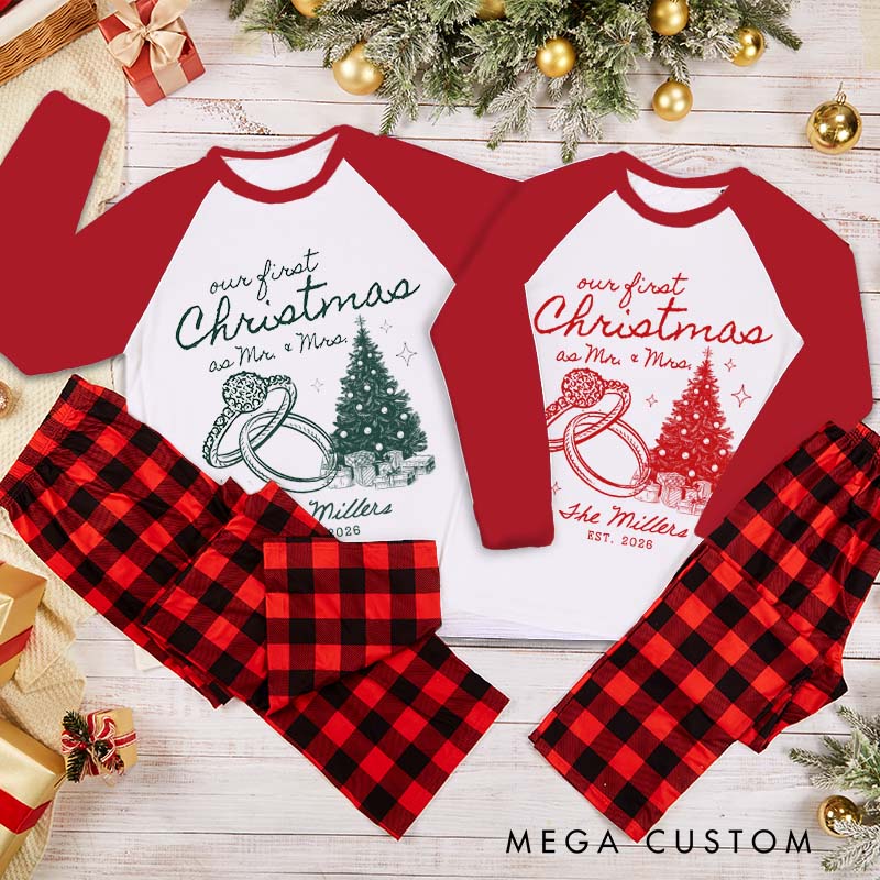 Personalized Couple Our First Christmas as Mr and Mrs Xmas Pajamas Custom Newlyweds Wedding Rings First Christmas Matching Pjs for Husband Wife