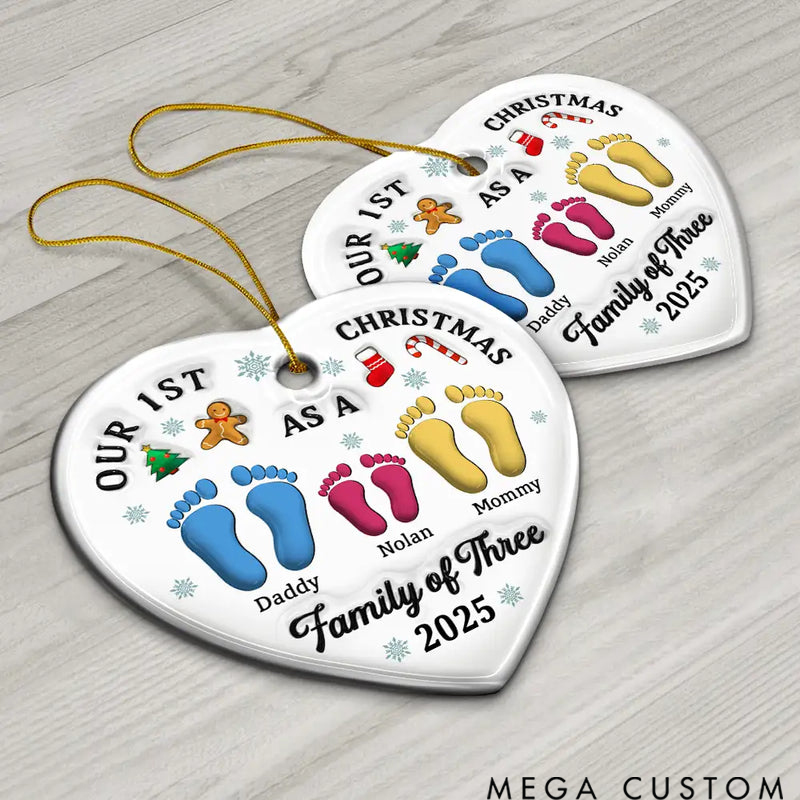 Personalized Ceramics Heart Shape First Christmas as a Family of Three Footprints 3D Effect  Christmas Ornament 