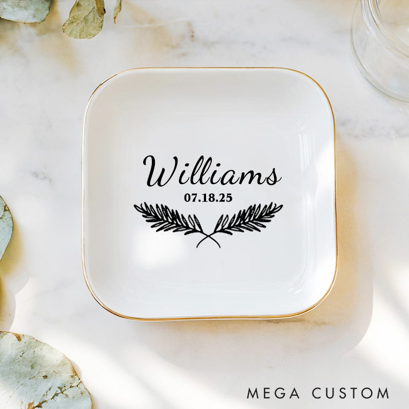 Personalized Classic Fern Wedding Monogram with Date Wedding Engagement Gold-Trimmed Ring Dishes