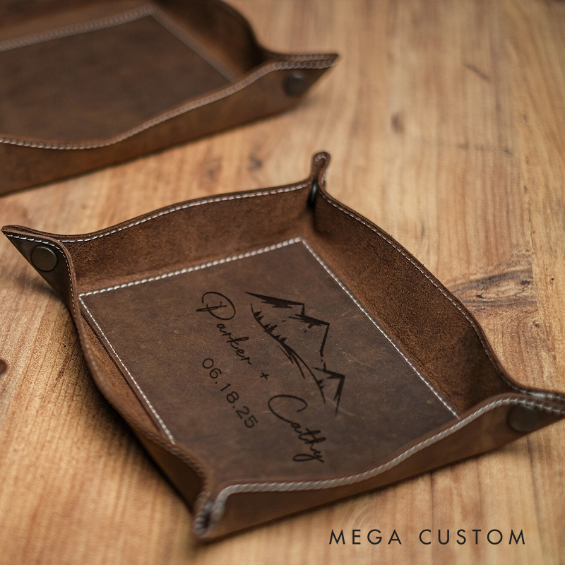 Personalized Mountain Peaks Couple Wedding Engagement Men Leather Tray Catchall Valet Tray