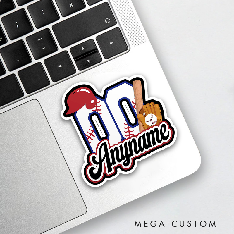 Personalized Sports Sticker Featuring Helmet, Bat, and Glove Design  