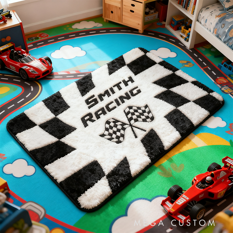 Personalized Checkered Flag Doormat with Custom Name Design for Racers and Racing Lovers
