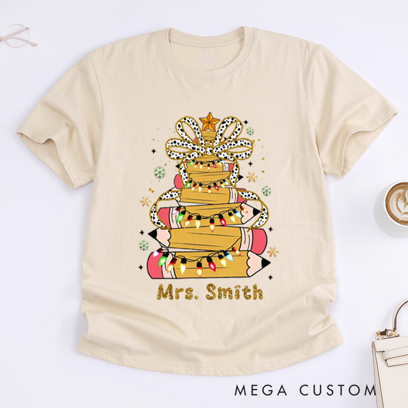 Personalized Teacher Christmas T-Shirts Pencil Light Snowflake Design Shirt Christmas Gift for Teachers