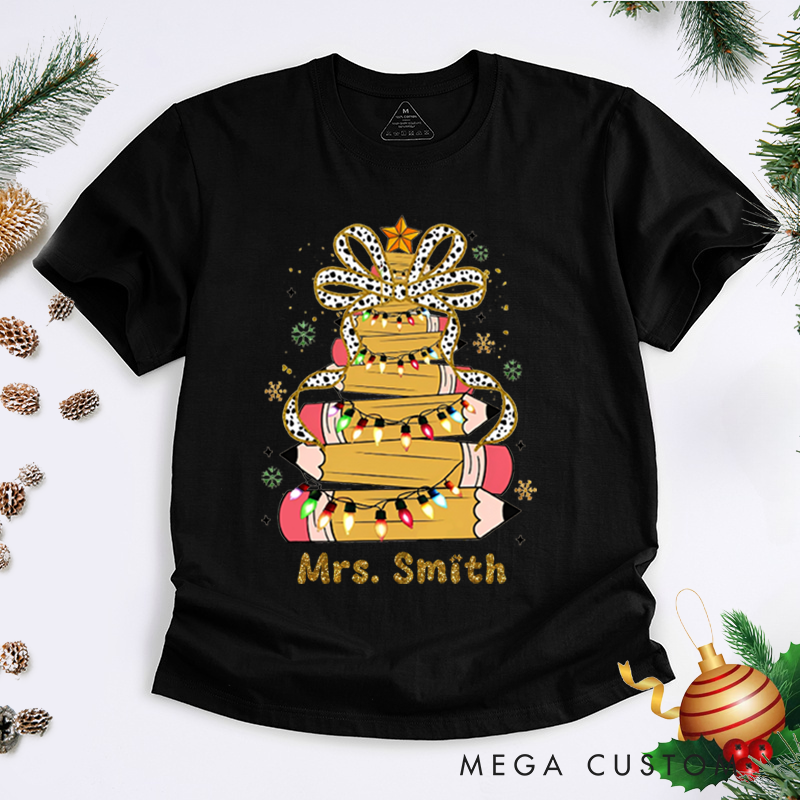 Personalized Teacher Christmas T-Shirts Pencil Light Snowflake Design Shirt Christmas Gift for Teachers