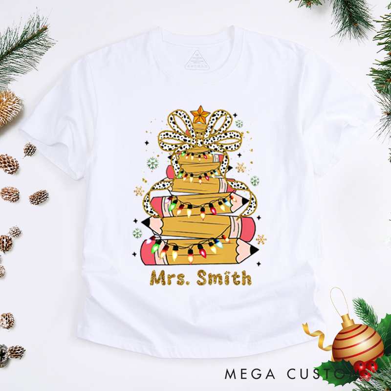 Personalized Teacher Christmas T-Shirts Pencil Light Snowflake Design Shirt Christmas Gift for Teachers