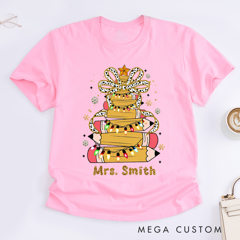 Personalized Teacher Christmas T-Shirts Pencil Light Snowflake Design Shirt Christmas Gift for Teachers