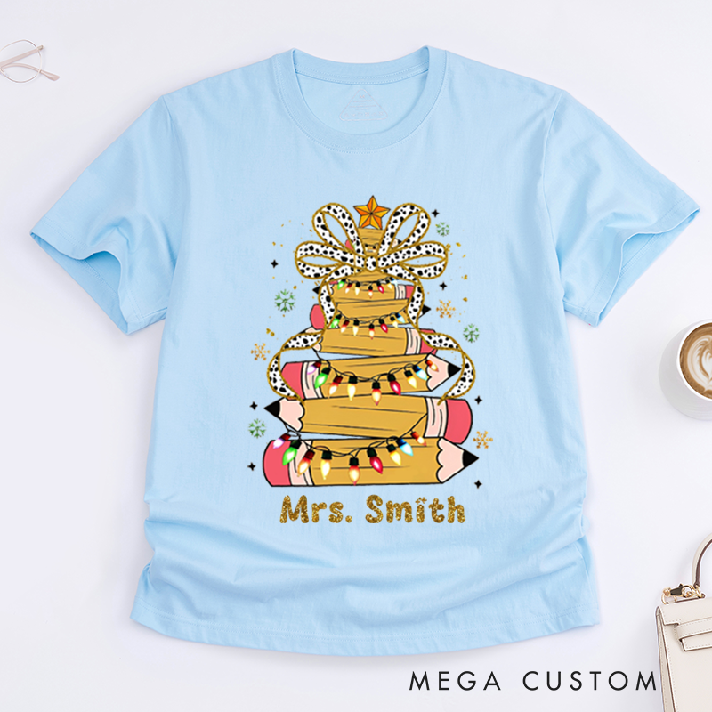 Personalized Teacher Christmas T-Shirts Pencil Light Snowflake Design Shirt Christmas Gift for Teachers
