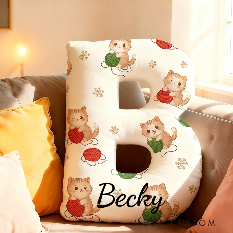 Personalized Funny Pillow Christmas Cat Yarn Ball Graphic Print Letter Customized Name Gift for Kids