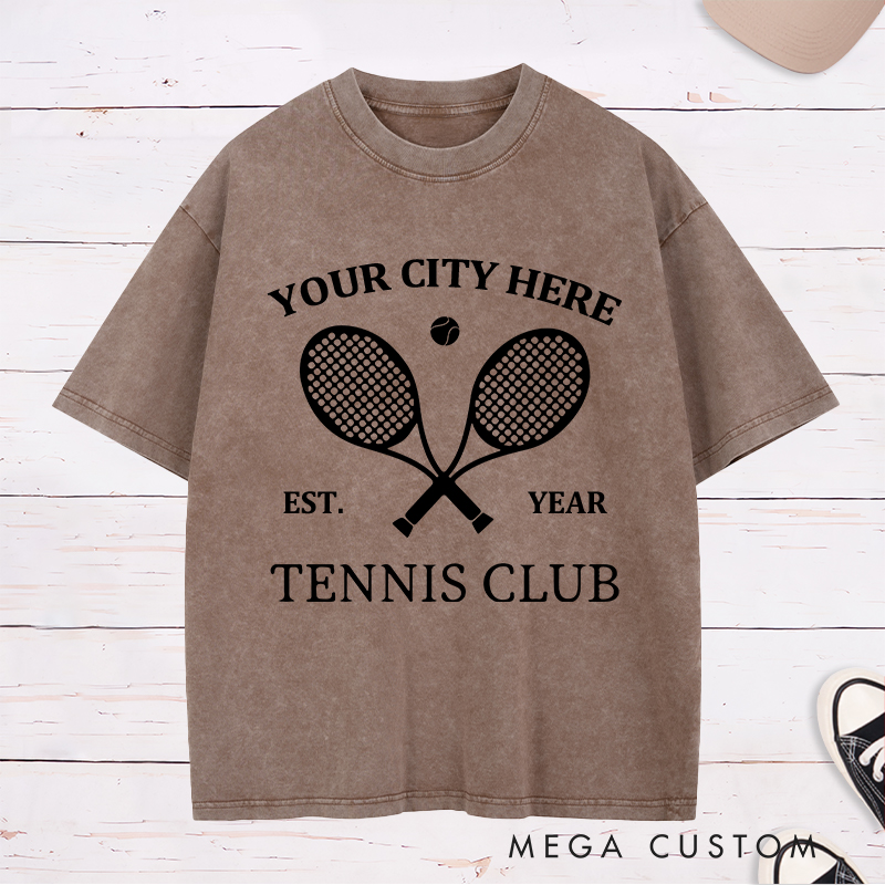 Personalized Tennis Washed T-Shirt Featuring Timeless Club Logo and Custom Name and Year
