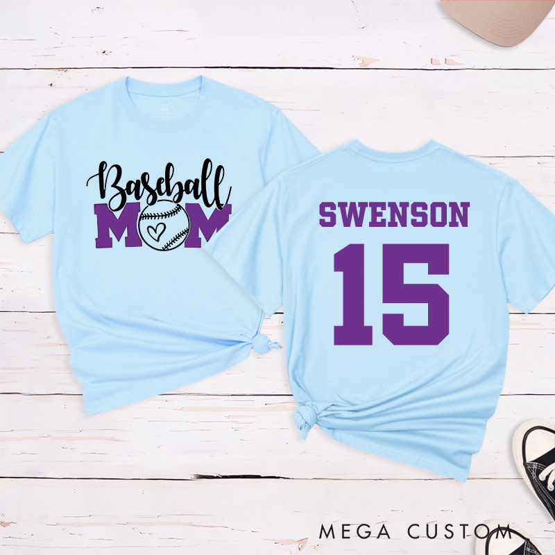Personalized Baseball Mom T-Shirt with Heart-Inspired Design and Custom Name and Number