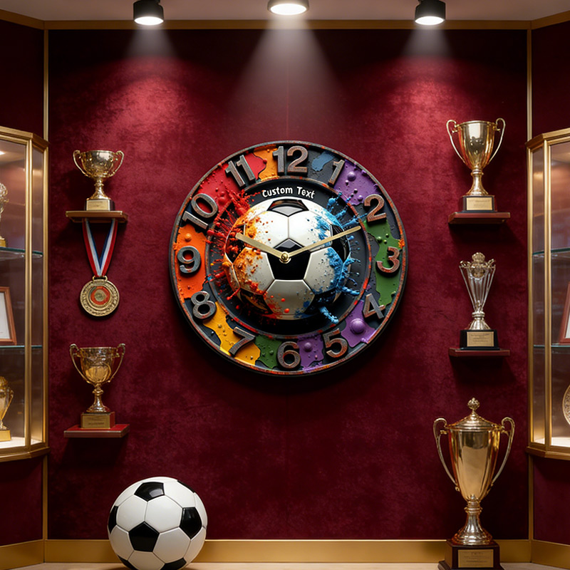 Personalized Soccer Wall Clock with Colorful Ink Splash Soccer Sports Wall Clock