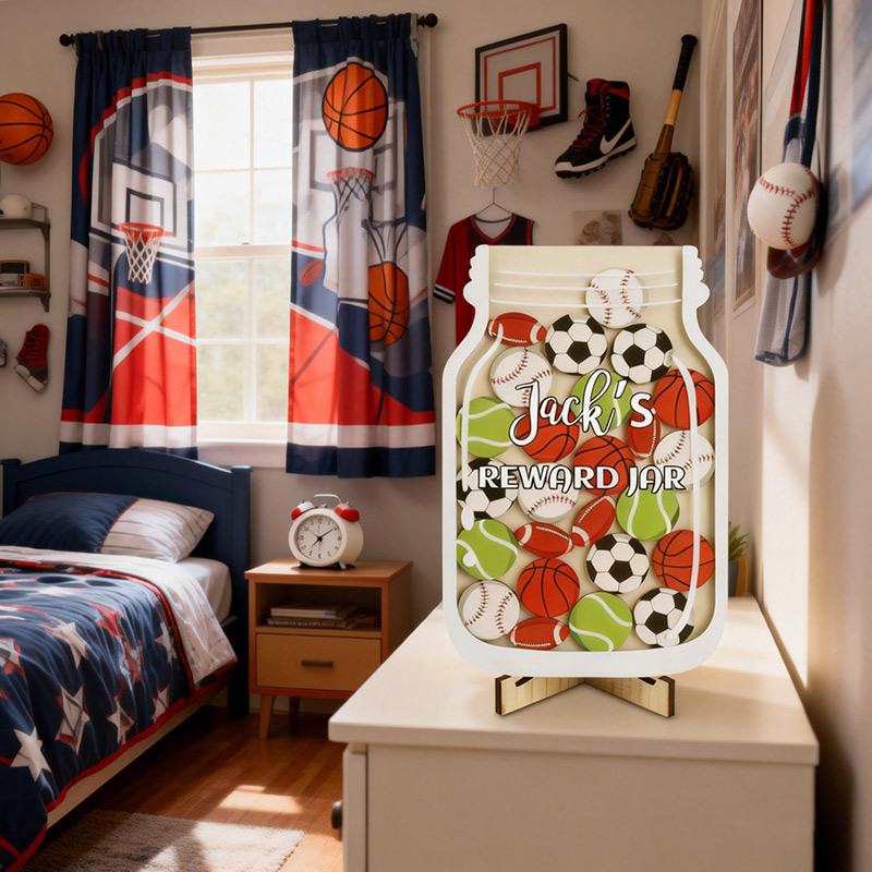 Personalized Sports Magnetic Reward Jar Wood Jar Custom Name Gift for Sport Kids