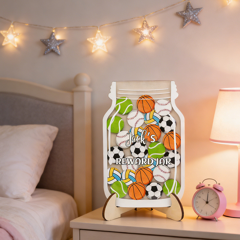 Personalized Sports Magnetic Reward Jar Wood Jar Custom Name Gift for Sport Kids Sport Lovers