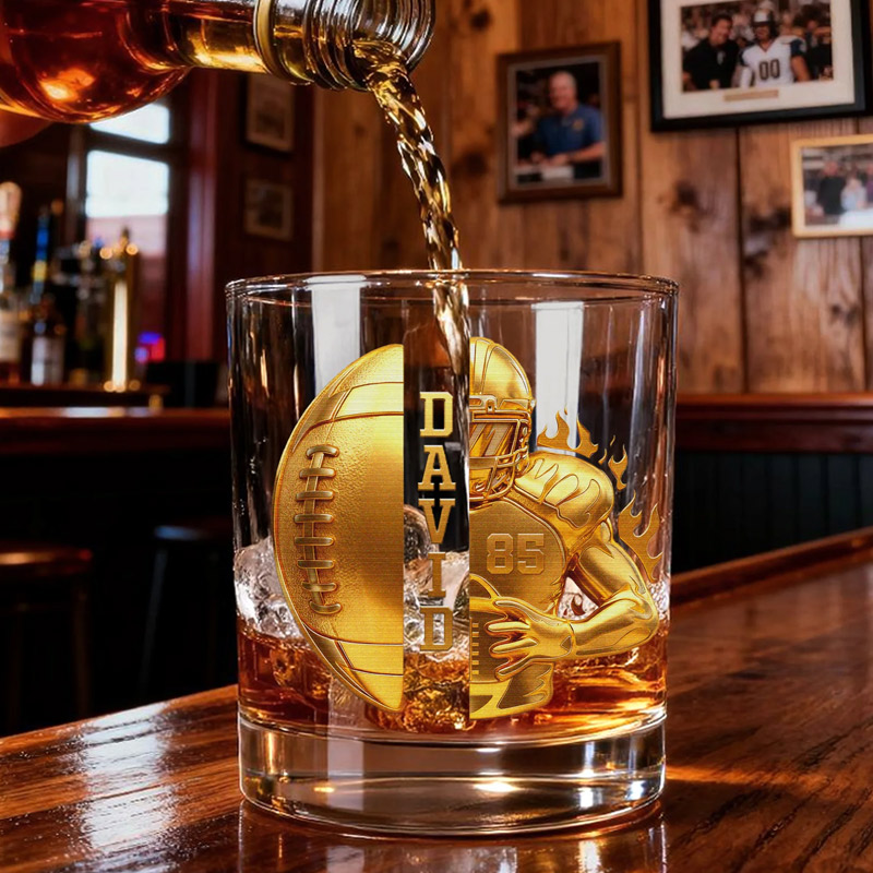 Personalized Golden Football Player Whiskey Glass with Name and Number Birthday Father's Day Gift for Man Bartender Whiskey Enthusiast