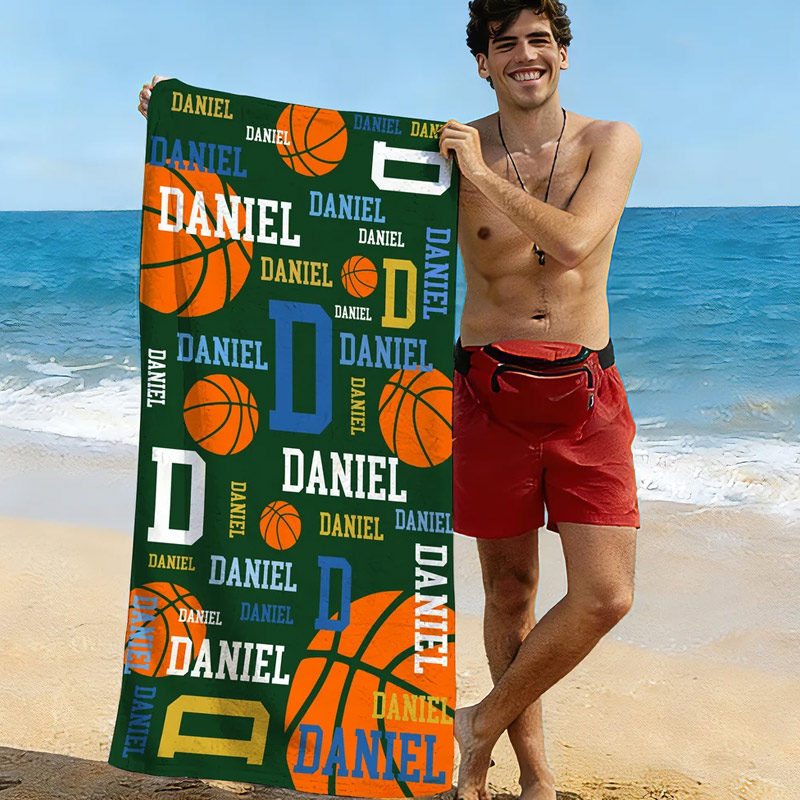 Personalized Basketball Design Quick Dry Oversized Microfiber Beach Towel with Name and Initial Beach Party Holiday Gift for Basketball Lovers