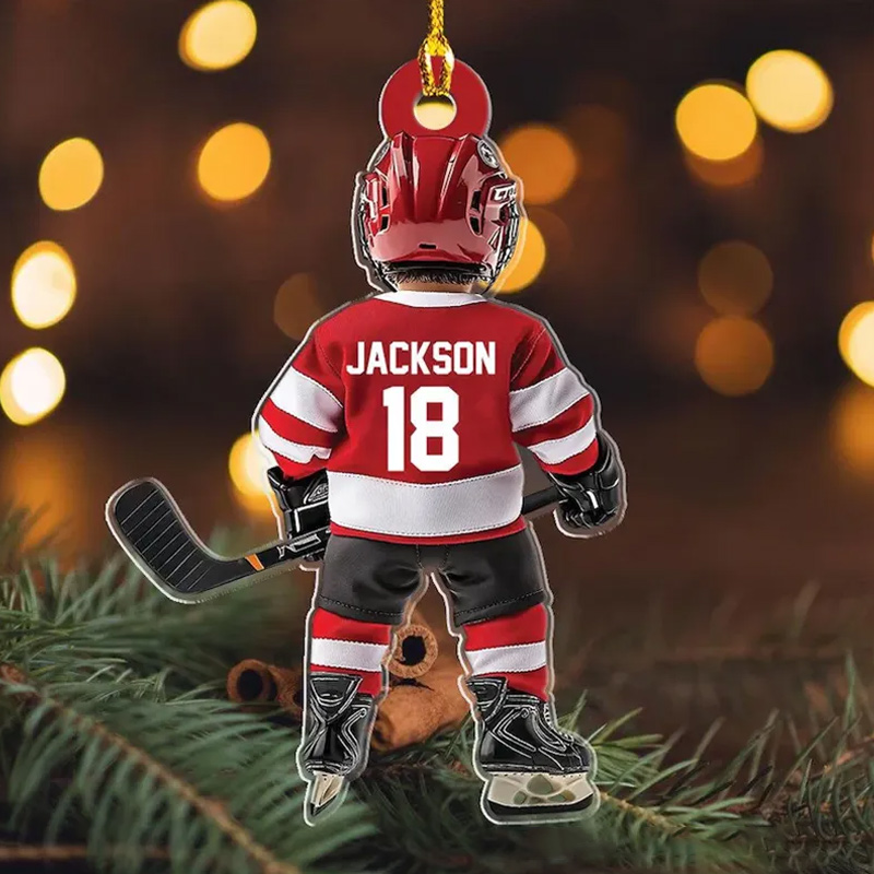 Personalized Hockey Player Ornament with Custom Name, Number, and Jersey Colors Design