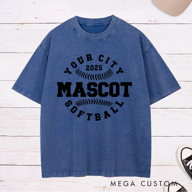 Personalized Softball Team Washed T-Shirt Design Featuring Custom City Name Team Name Baseball Stitch Graphics and Custom Year Highlight