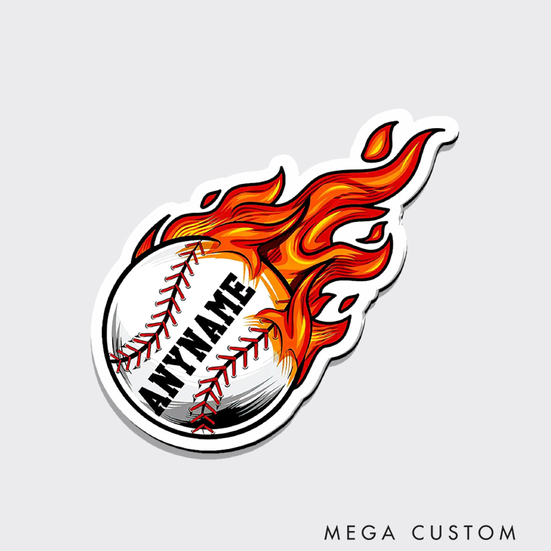Personalized Baseball Fridge Magnet with Flaming Ball and Custom Name 