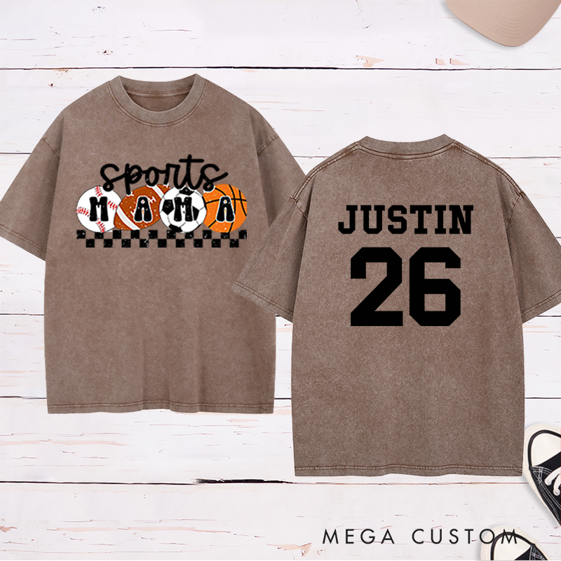 Personalized Sports Mama Washed  T-Shirt with Custom Name and Number