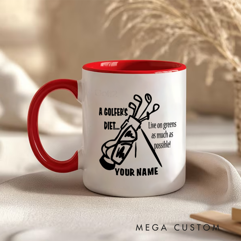 Personalized Golf Mug with Custom Name A Golfer's Diet Live on Greens Design Durable Ceramic Two Tone Handle