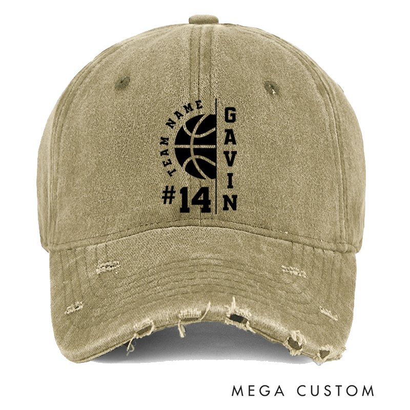 Personalized Distressed Denim Basketball Cap with Custom Team Name Player Name and Number Design
