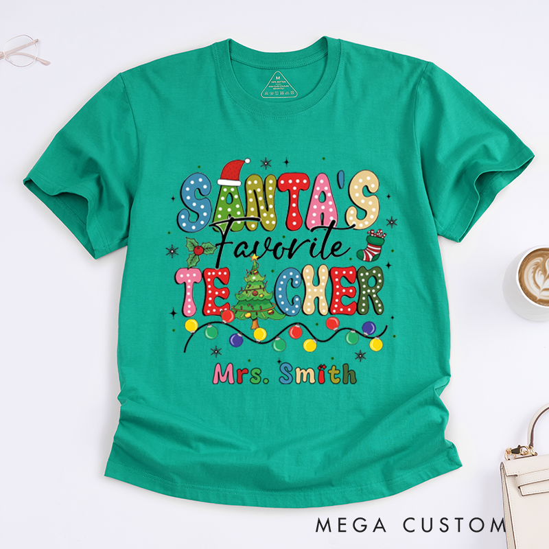 Personalized Teacher Christmas T-Shirts Cute Santa's Favorite Teacher Design Shirt Christmas Gift for Teachers