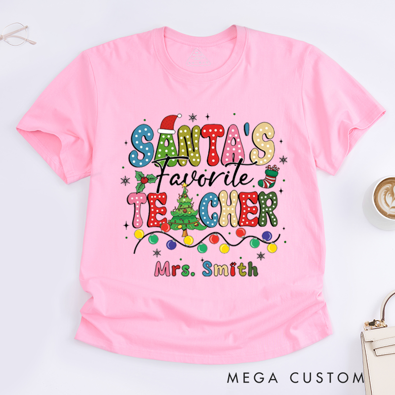 Personalized Teacher Christmas T-Shirts Cute Santa's Favorite Teacher Design Shirt Christmas Gift for Teachers