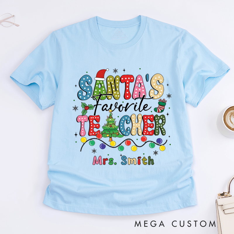 Personalized Teacher Christmas T-Shirts Cute Santa's Favorite Teacher Design Shirt Christmas Gift for Teachers